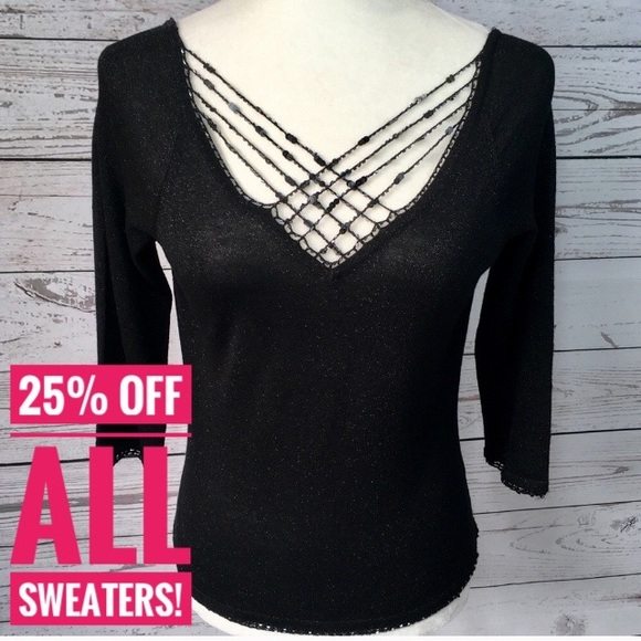 New York City Design Co Sweaters - Beaded v-neck black and silver metallic sweater